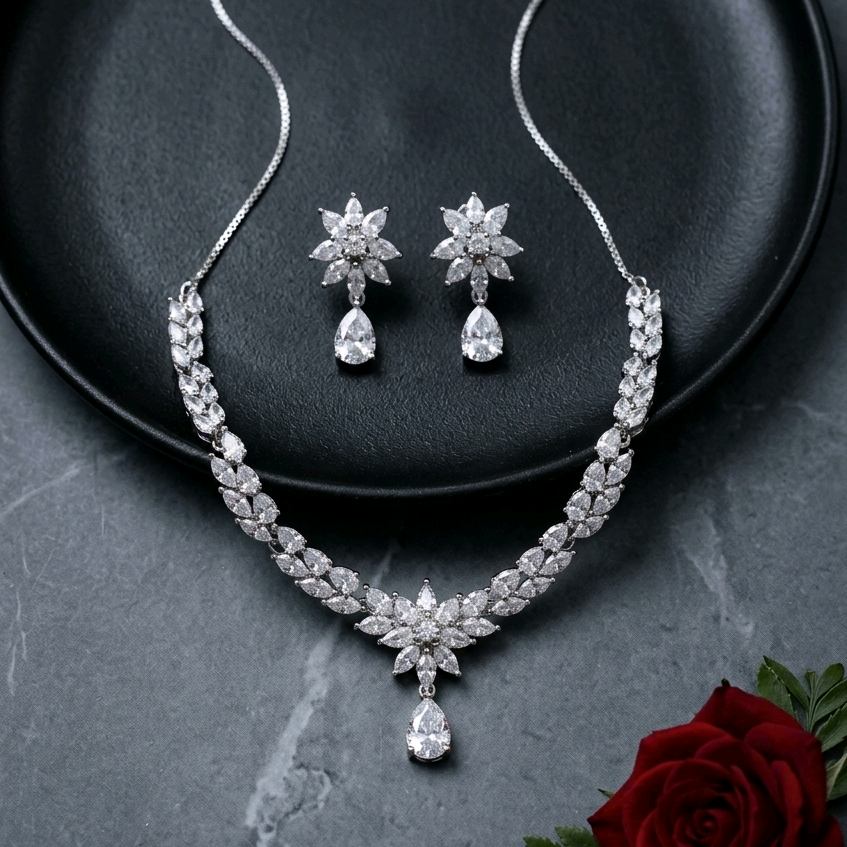 Silver Floral Luxe CZ Nacklace Set 